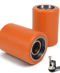Heavy Duty Load Wheel Kit Compatible With Crown WP 3000 Electric Pallet Jack Lift Truck, orange polyurethane treads with sealed bearings.