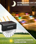 8 Pack Outdoor Solar Deck Lights Waterproof LED Step Lights illuminate stairs with color glow and charge during the day.