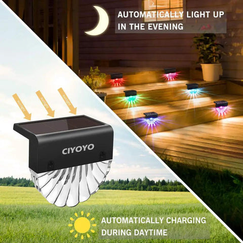 8 Pack Outdoor Solar Deck Lights Waterproof LED Step Lights illuminate stairs with color glow and charge during the day.