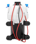 Front view of Upgraded RV Water Pump 3 GPM 12V DC 50 PSI Triplex Diaphragm Pump for RV Boat Yacht Marine Caravan with wires and mounts.