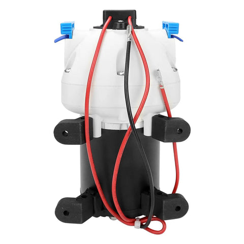 Front view of Upgraded RV Water Pump 3 GPM 12V DC 50 PSI Triplex Diaphragm Pump for RV Boat Yacht Marine Caravan with wires and mounts.