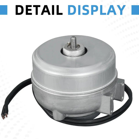 Fridge Condenser Fan Motor Replacement 120V 2W 0.28A 50 60 Hz Compatible With Admiral Amana Crosley Estate Inglis Jenn Air Kenmore Whirlpool Appliances For Easy DIY Repair, shown in aluminum housing with cable.