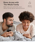 Two people using phones on bed, illustrating device sharing for Compact WiFi Smart Plug 4 Pack Mini Outlet Works With Alexa And Google Home Remote Voice Control Schedule Timer 2.4G Only Child Lock Space Saver Fits Double Sockets.