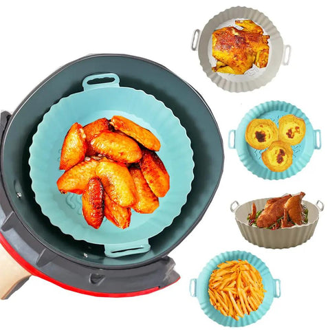 7.5 Inch Round Air Fryer Silicone Liners 2 Pack Reusable For 3-5 Qt Pots Easy To Clean Keeps Your Air Fryer Clean No Mess Cleanup Nonstick Silicone Cups In Gray And Green showing food items in liners
