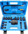Diesel Injector Puller Tool Kit With Pneumatic Impact Air Tool in blue case showing components for Bosch Cummins Siemens Denso engines