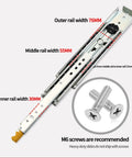 Slick Heavy Duty Telescopic Drawer Slides One Pair Full Extension Cabinet Hardware showing rail widths and M6 screws.