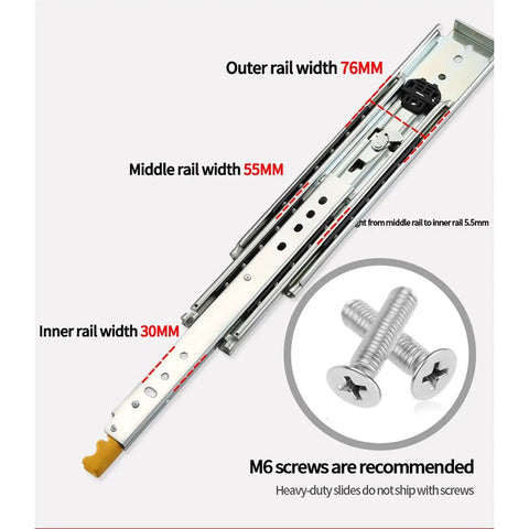 Slick Heavy Duty Telescopic Drawer Slides One Pair Full Extension Cabinet Hardware showing rail widths and M6 screws.