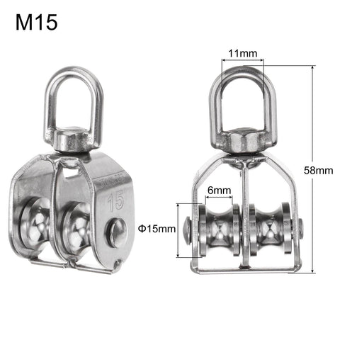 2 Pack M15 Double Pulley Block Stainless Steel Swivel Rigging Lifting Wheel Fixed Pulley dimensions and close-up view