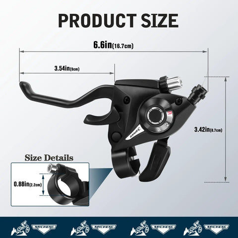 3x7 21 Speed Bike Shifter And Brake Lever Set dimensions including handle length and mounting size in inches