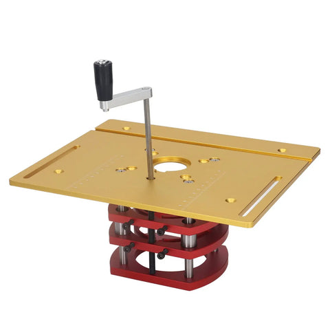 Beefed Up Router Lift Manual Kit For Router Table With Aluminum Base Plate And Crank Height Adjustment 9.45 By 7.87 Inch Table 51mm Stroke Gold Finish For Precise Woodworking And Small Trim Jobs. gold router lift with crank and aluminum base plate