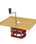 Killer Manual Router Lift Kit For Router Tables Rock Solid Aluminum Build Heavy Duty Lifter No Sweat Installation Smooth Precision Control, red and gold color.