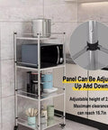 Hella Sturdy 5 Tier Metal Storage Rack With Swivel Wheels For Kitchen Or Pantry Heavy Duty Adjustable Shelving Unit with pots and microwave.