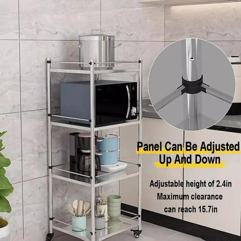 Hella Sturdy 5 Tier Metal Storage Rack With Swivel Wheels For Kitchen Or Pantry Heavy Duty Adjustable Shelving Unit with pots and microwave.