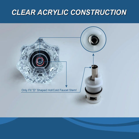Clear Acrylic Bathtub Faucet Handles Kit For Delta And Delex Faucets With D Shaped Stems close-up of clear handle and stem.
