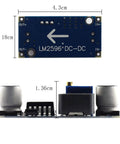 Two Pack DC-DC Buck Converter Power Modules With 3A Adjustable Step-Down LM2596 Regulator, top and side view, labeled dimensions