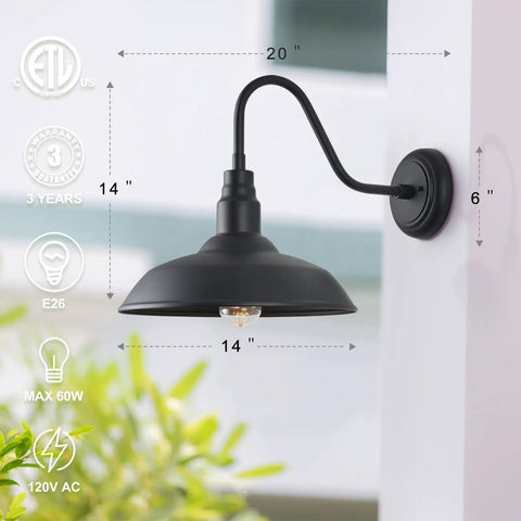 14 Inch Outdoor Gooseneck Barn Light With Wall Mount Black Industrial Exterior Fixture for porch, farmhouse, garage and patio
