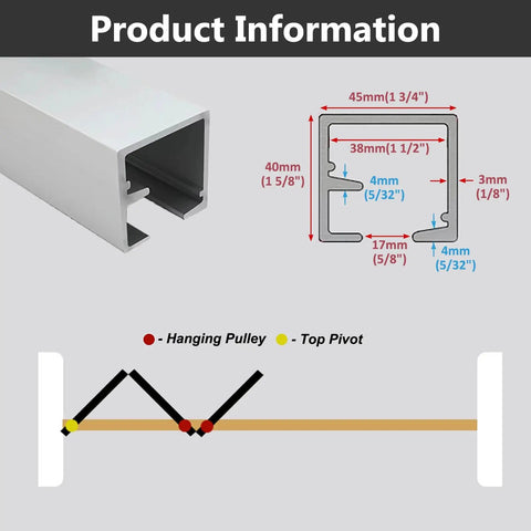 Product information graphic for Heavy Duty Folding Sliding Door Track Kit With Rock Solid Aluminum Rails And Smooth Glide Steel Rollers.