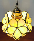 Petals Tiffany Style Stained Glass Ceiling Pendant Light With 8 Inch Cream White Lampshade Cherry Blossom Finish, lit with warm glow.