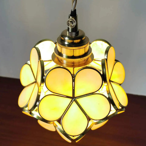 Petals Tiffany Style Stained Glass Ceiling Pendant Light With 8 Inch Cream White Lampshade Cherry Blossom Finish, lit with warm glow.