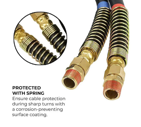 Close-up of 12 Foot Air Line Hose Assembly With Flexible Grips And 1/2 Inch Npt Fittings Red And Blue End Fittings Sae J1402 Type A Rubber Airbrake Hose Dual Lead Set For Semi Trucks Trailers And Tractors showing spring protection.