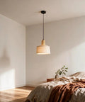 milaruoro Pendant Light with Bamboo and Fabric Shade, Black Hanging Light Fixture for Kitchen Island, Modern Farmhouse Lighting for Dining Room Bedroom Living Room Hallway in a cozy bedroom setting.
