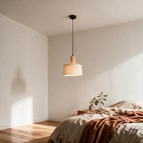 milaruoro Pendant Light with Bamboo and Fabric Shade, Black Hanging Light Fixture for Kitchen Island, Modern Farmhouse Lighting for Dining Room Bedroom Living Room Hallway in a cozy bedroom setting.