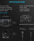 Specifications of 8 Inch Inline Duct Fan With 831 CFM And EC Motor, 0-100 Percent Variable Speed Controller, showing dimensions and components.