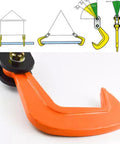 Heavy Duty Forged Swivel Hook And Horizontal Steel Plate Lifting Clamp showing orange hook detail and lifting diagrams.