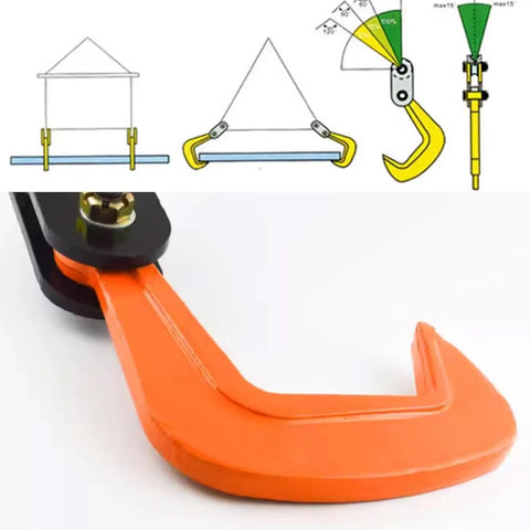 Heavy Duty Forged Swivel Hook And Horizontal Steel Plate Lifting Clamp showing orange hook detail and lifting diagrams.