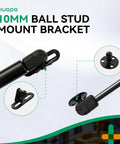 Premium Steel Heavy Duty 10 Mm Ball Stud Mounting Brackets For Gas Struts With 10 Hex Nuts Knockout Quality No Sweat Assembly image showing black ball stud bracket and attached mounting plates.