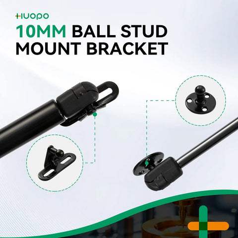 Premium Steel Heavy Duty 10 Mm Ball Stud Mounting Brackets For Gas Struts With 10 Hex Nuts Knockout Quality No Sweat Assembly image showing black ball stud bracket and attached mounting plates.