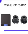 2 Pack Machined Hardened Steel 13T Motor Pinion Gear For 1/8 Sledge Replacement Upgrade 6483X 1.0 Pitch Fits 5mm Shaft Durable Precision CNC Machined Pinion Gear Performance Upgrade For RC Cars with digital weight scale showing 23g.