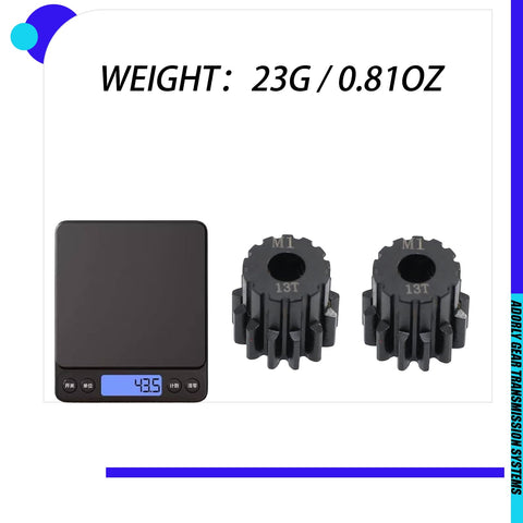 2 Pack Machined Hardened Steel 13T Motor Pinion Gear For 1/8 Sledge Replacement Upgrade 6483X 1.0 Pitch Fits 5mm Shaft Durable Precision CNC Machined Pinion Gear Performance Upgrade For RC Cars with digital weight scale showing 23g.