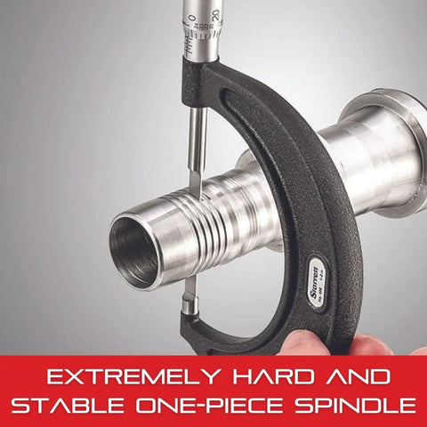 Outside Micrometer With One-Piece Spindle, Satin Chrome Finish, measuring a cylindrical object, precision tool for narrow slots.