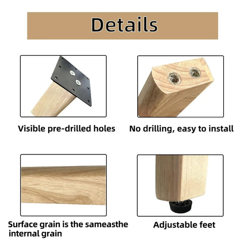 Premium Solid Wood Table Legs 28 Inches Tall Natural Finish with pre-drilled holes and adjustable feet for easy installation.
