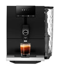 One Touch Fully Automatic Black Coffee Maker Ena Model Includes Two Smart Water Filters And Rapid Aroma Grinder For Smooth Sip And Zero Fuss Daily Grinds displayed with a glass of espresso on a sleek counter.