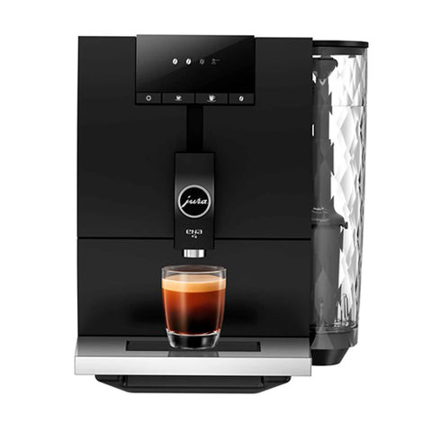One Touch Fully Automatic Black Coffee Maker Ena Model Includes Two Smart Water Filters And Rapid Aroma Grinder For Smooth Sip And Zero Fuss Daily Grinds displayed with a glass of espresso on a sleek counter.