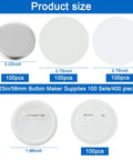 Bulk 400 Piece Button Making Kit No Brainer with various sized button parts, pin backs, metal shells, clear films displayed.