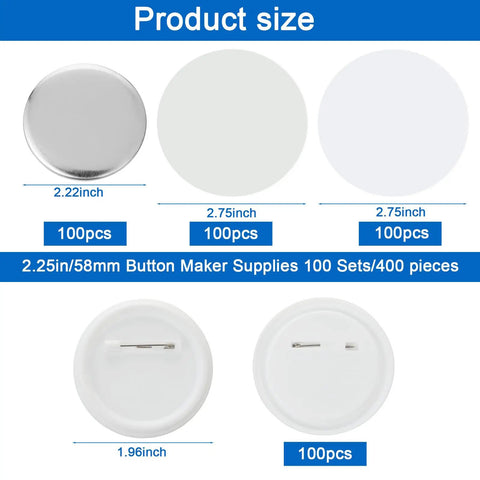 Bulk 400 Piece Button Making Kit No Brainer with various sized button parts, pin backs, metal shells, clear films displayed.