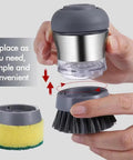 Stainless Steel Dish Scrubber With Built In Soap Dispenser, showing detachable sponge and brush with rust-resistant design
