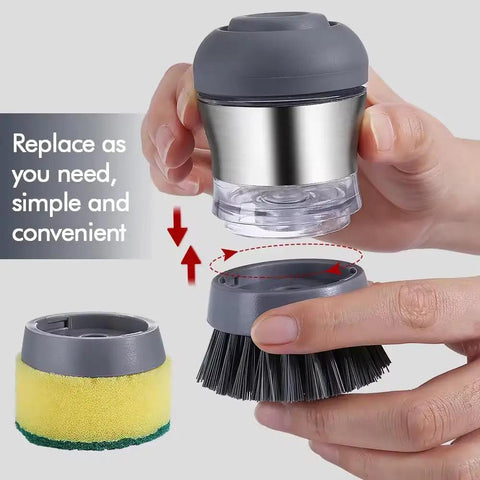 Stainless Steel Dish Scrubber With Built In Soap Dispenser, showing detachable sponge and brush with rust-resistant design