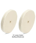 Top Notch Loose Cotton Buffing Wheels Eight Inch Diameter Five Eighths Inch Bore Two Pack with smooth surface for polishing.