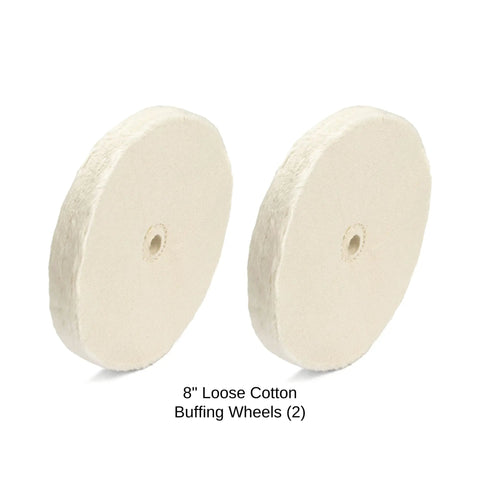 Top Notch Loose Cotton Buffing Wheels Eight Inch Diameter Five Eighths Inch Bore Two Pack with smooth surface for polishing.