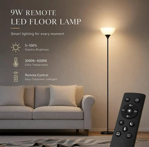 Remote Control Torchiere Floor Lamp With Stepless Dimming And Color Temperature, 9W LED Bulb Included, Up To 49 Ft Range, No Fuss Remote, Easy Setup For Bedroom Or Living Room, Matte Black