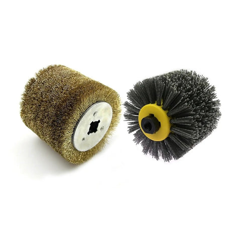 Kick Ass Woodworking Polishing Wheel Brush Set with steel wire and nylon bristles, 120mm OD, ideal for wood grinding finishes.