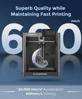 Auto Calibrating 3D Printer With 1Click Setup Turbo 600mm Per Sec Printing All Metal CoreXY Frame front view with 3D print model