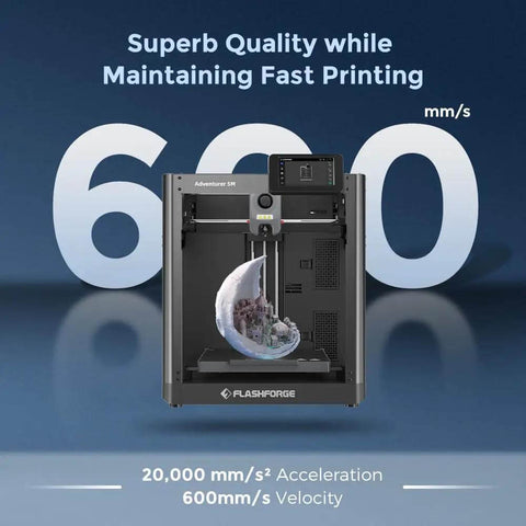 Auto Calibrating 3D Printer With 1Click Setup Turbo 600mm Per Sec Printing All Metal CoreXY Frame front view with 3D print model