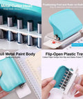 Collage of 6 Hole Punch Handheld Metal Craft Tool showing metal cutter head, positioning post, full metal body, and flip-open plastic tray