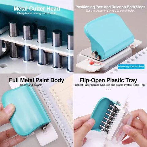 Must Have 6 Hole Handheld Metal Hole Punch For Notebooks And Scrapbooks, 6mm Punch shown in detail with metal cutter and ruler.