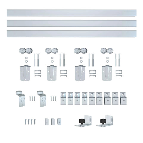 Exterior Sliding Barn Door Hardware Kit for Double Doors, 14ft Heavy Duty Track System, Wall Mount, Silver Galvanized Steel